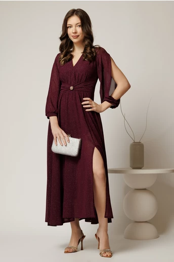 Rochie midi magenta de ocazie din voal cu sclipici