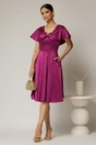 Rochie midi magenta din tafta cu decolteu barcuta si brosa, 3, dyfashion.ro