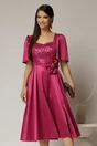 Rochie midi magenta din tafta si paiete cu funda ampla pe talie, 1, dyfashion.ro