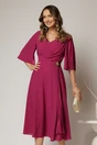 Rochie midi magenta din triplu voal cu decolteu in V si maneci scurte evazate, 1, dyfashion.ro