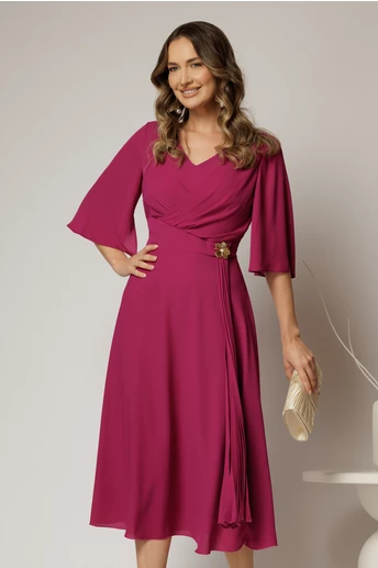 Rochie midi magenta din triplu voal cu decolteu in V si maneci scurte evazate