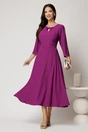 Rochie midi magenta din viscoza in clos cu funda si decupaj la decolteu, 1, dyfashion.ro