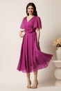 Rochie midi magenta din voal clos cu floare in talie- Moze, 3, dyfashion.ro