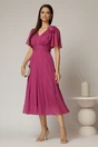 Rochie midi magenta din voal cu fir lurex si floare la umar, 3, dyfashion.ro