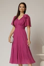 Rochie midi magenta din voal cu fir lurex si floare la umar, 1, dyfashion.ro