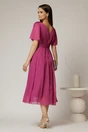 Rochie midi magenta din voal cu fir lurex si floare la umar, 2, dyfashion.ro