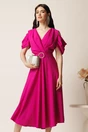 Rochie midi magenta din voal in clos cu decupaje la umeri si cordon in talie, 1, dyfashion.ro