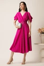 Rochie midi magenta din voal in clos cu decupaje la umeri si cordon in talie, 2, dyfashion.ro
