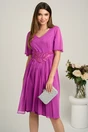 Rochie midi magenta din voal in clos cu glitter si broderie in talie, 1, dyfashion.ro