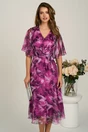 Rochie midi magenta din voal in clos cu imprimeuri si maneci vaporoase, 1, dyfashion.ro