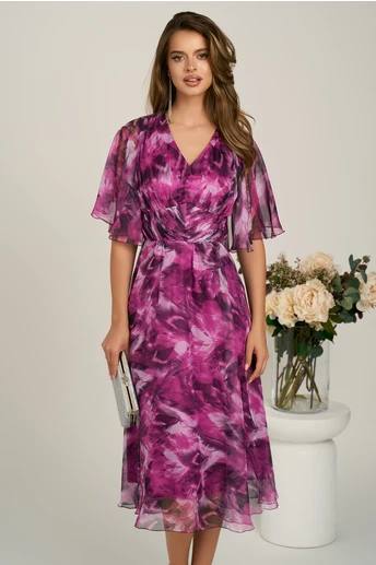 Rochie midi magenta din voal in clos cu imprimeuri si maneci vaporoase