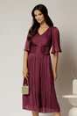 Rochie midi magenta din voal peliculizat cu decolteu V, 1, dyfashion.ro
