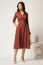 Rochie midi maro cu buline din stofa cu cordon in talie, 2, dyfashion.ro