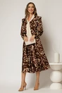 Rochie midi maro cu imprimeuri bej  si guler tip esarfa, 3, dyfashion.ro