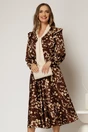 Rochie midi maro cu imprimeuri bej  si guler tip esarfa, 1, dyfashion.ro