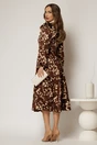 Rochie midi maro cu imprimeuri bej  si guler tip esarfa, 2, dyfashion.ro