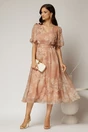 Rochie midi maro de ocazie cu imprimeuri bej si decolteu V, 3, dyfashion.ro