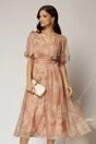 Rochie midi maro de ocazie cu imprimeuri bej si decolteu V, 1, dyfashion.ro