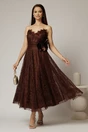 Rochie midi maro de ocazie din dantela cu brose detasabile in talie, 1, dyfashion.ro