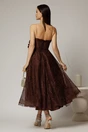 Rochie midi maro de ocazie din dantela cu brose detasabile in talie, 2, dyfashion.ro