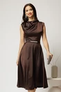 Rochie midi maro de ocazie din satin cu pietricele mici si curea eleganta, 1, dyfashion.ro