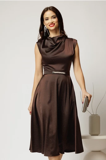 Rochie midi maro de ocazie din satin cu pietricele mici si curea eleganta