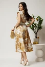 Rochie midi maro din bumbac in clos cu flori si curea in talie, 2, dyfashion.ro