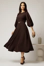 Rochie midi maro din crep in clos cu maneci bufante si curea in talie, 3, dyfashion.ro