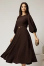 Rochie midi maro din crep in clos cu maneci bufante si curea in talie, 1, dyfashion.ro