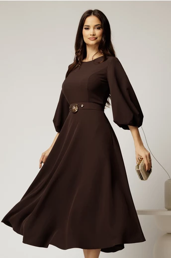 Rochie midi maro din crep in clos cu maneci bufante si curea in talie