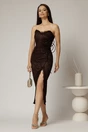 Rochie midi maro din dantela cu crepeu si detaliu amplu in talie, 3, dyfashion.ro