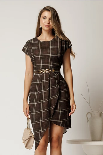 Rochie midi maro din jerse  cu carouri si curea in talie