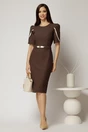 Rochie midi maro din stofa cu croi conic si detalii ivory la maneci, 3, dyfashion.ro