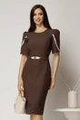 Rochie midi maro din stofa cu croi conic si detalii ivory la maneci, 1, dyfashion.ro