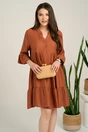 Rochie midi maro din tencel creponat cu croi tip A si nasturi la bust, 1, dyfashion.ro
