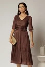 Rochie midi maro din voal peliculizat cu decolteu V, 1, dyfashion.ro