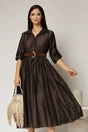 Rochie midi maro intens din tencel si curea maro in talie, 1, dyfashion.ro