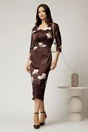 Rochie midi maro satinata cu imprimeu si decolteu in V, 3, dyfashion.ro