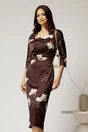 Rochie midi maro satinata cu imprimeu si decolteu in V, 1, dyfashion.ro