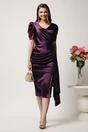 Rochie midi mov conica din tafta cu fronseu, 3, dyfashion.ro