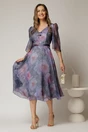 Rochie midi mov cu imprimeuri si fundite pe bust, 3, dyfashion.ro