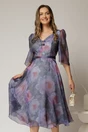 Rochie midi mov cu imprimeuri si fundite pe bust, 1, dyfashion.ro