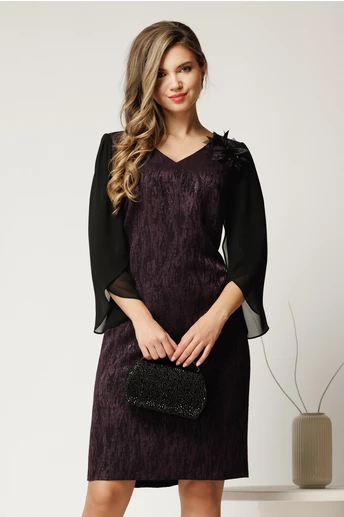Rochie midi mov de ocazie cu fir lurex si floare