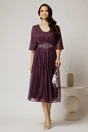 Rochie midi mov de ocazie din voal cu sclipici si accesoriu talie, 3, dyfashion.ro