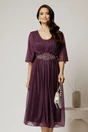 Rochie midi mov de ocazie din voal cu sclipici si accesoriu talie, 1, dyfashion.ro