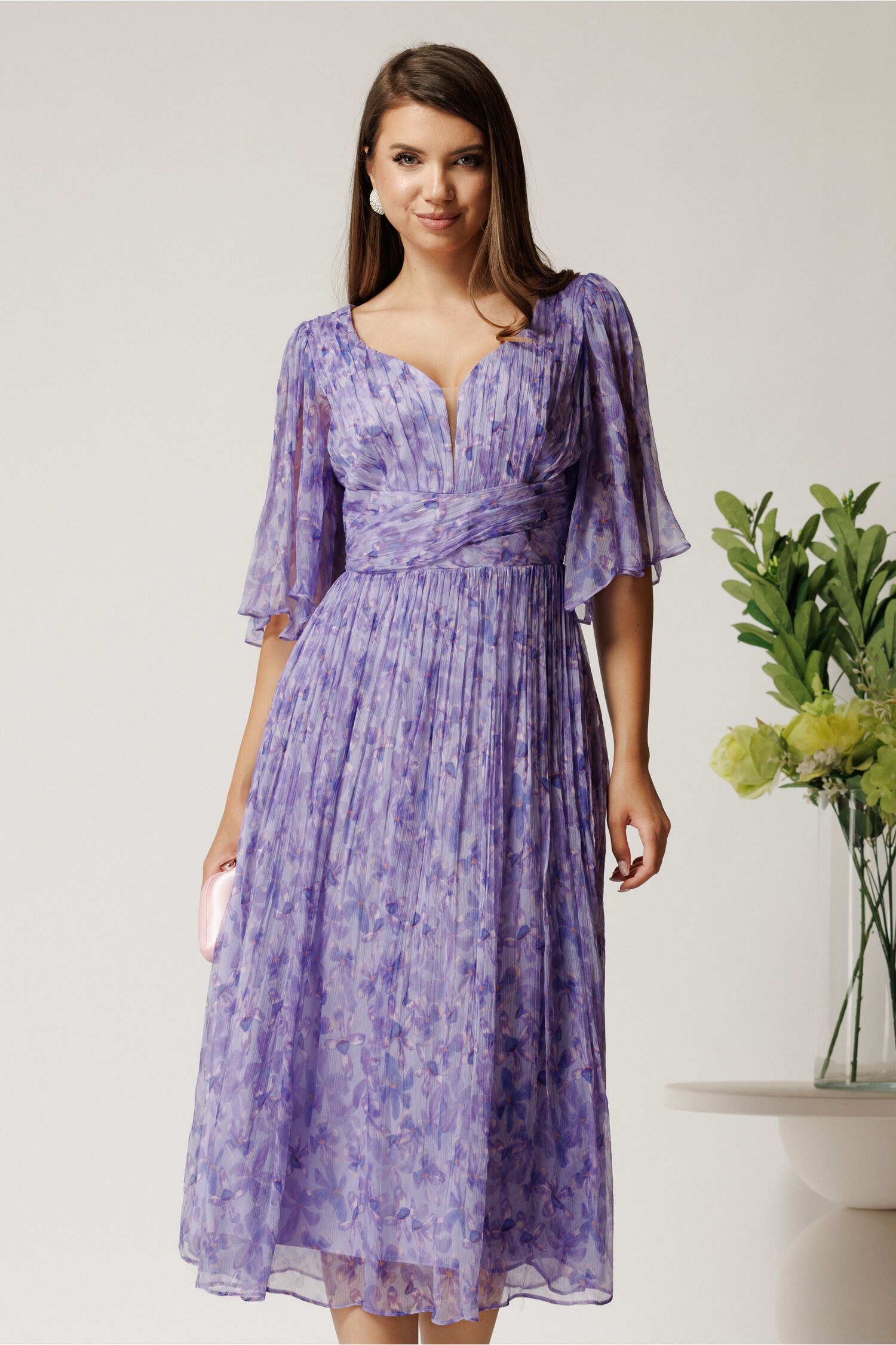 Rochie midi mov din matase naturala cu imprimeuri florale