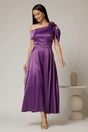 Rochie midi mov din tafta moale cu fusta petrecuta si decolteu barcuta, 1, dyfashion.ro