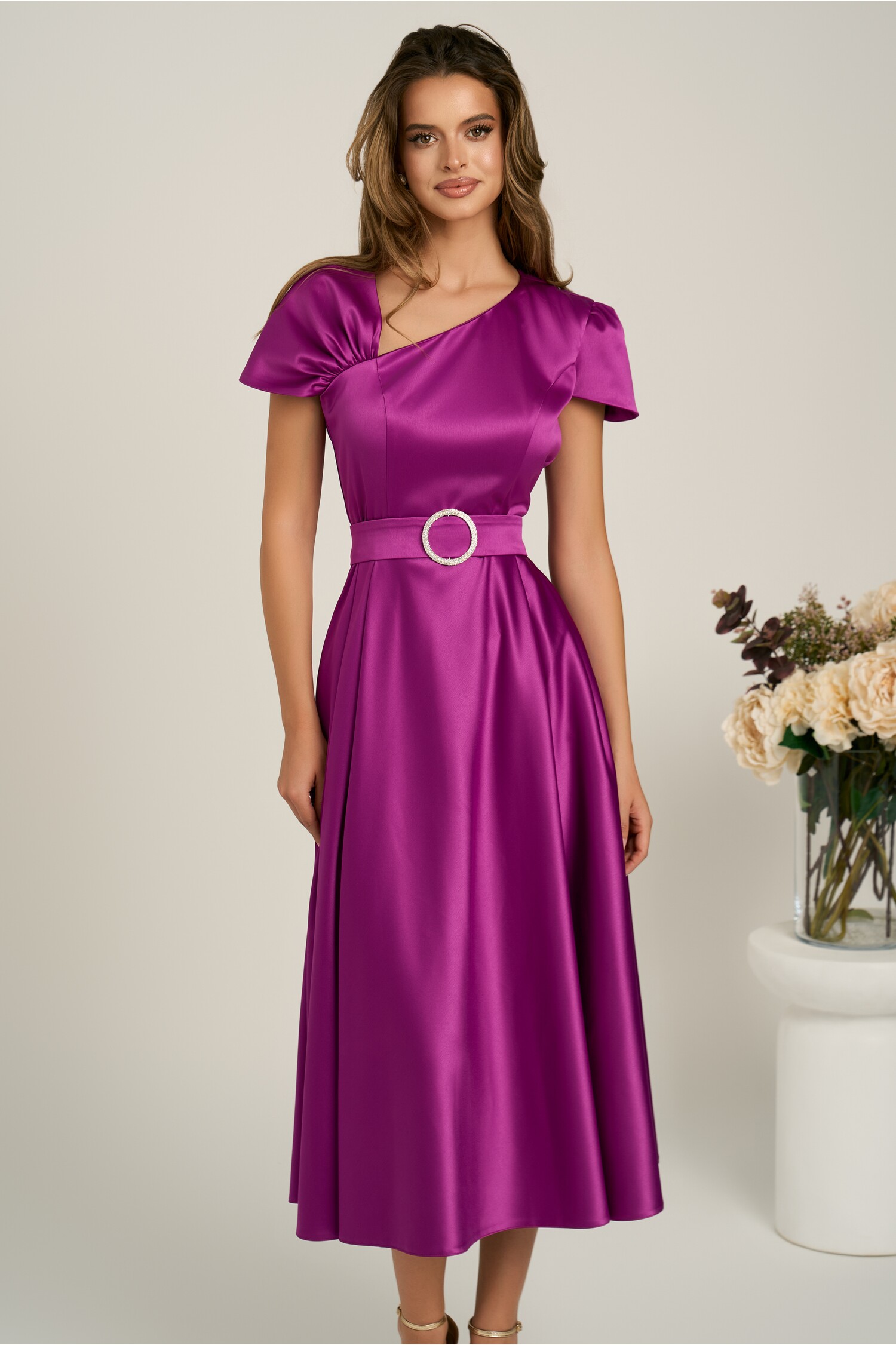 Rochie midi mov din tafta subtire in clos cu cordon in talie- LaDonna