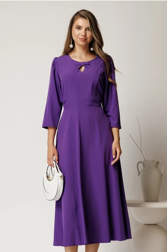 Rochie midi mov din viscoza in clos cu funda si decupaj la decolteu