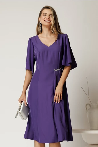 Rochie midi mov din voal cu croi in clini si strasuri in talie